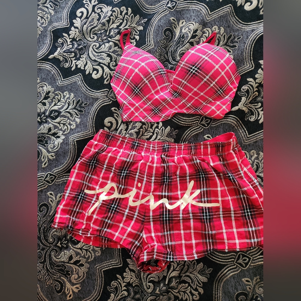 PINK Red Plaid Wireless Pushup Bra and Sleep Short Set Large